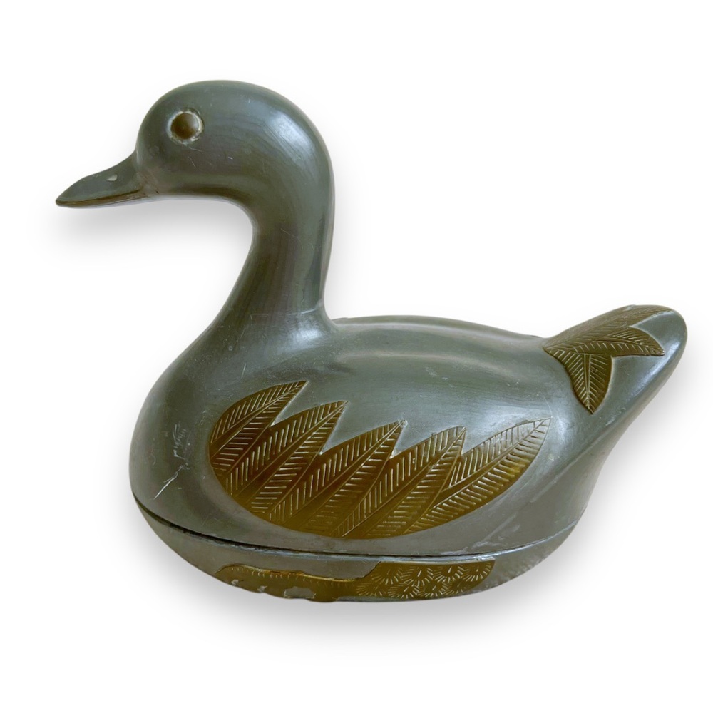 Pewter And Brass Vintage Duck Trinket Box Lidded Dish Hong Kong